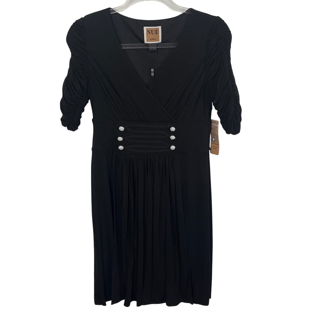 NUE by Shani Dress Women 6 Black Body Architecture Ruched Sleeve V-Neck S277 NEW